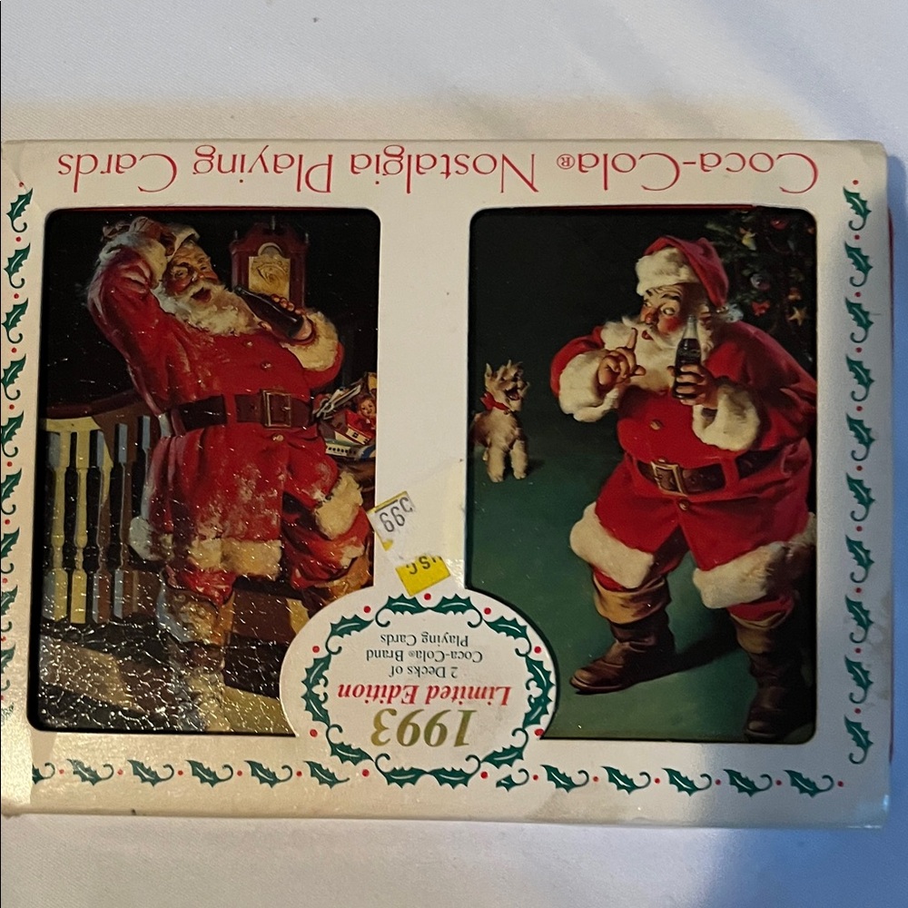 Coca Cola Nostalgia 2 pack of playing cards unopened in metal hinged tin